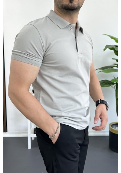 Erkek Slim Fit Düz Renk Pamuklu Soft Polo Tişört Gri Edw365 Gri