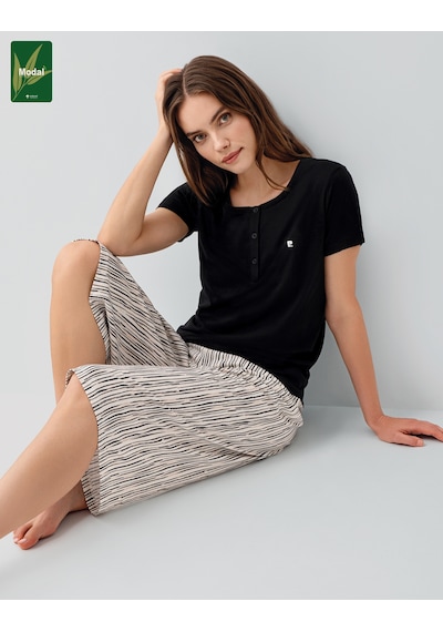 Pierre Cardin 9189 Modal Pamuk Cepli Kısa Kol Kapri Kadın Pijama Takımı Siyah