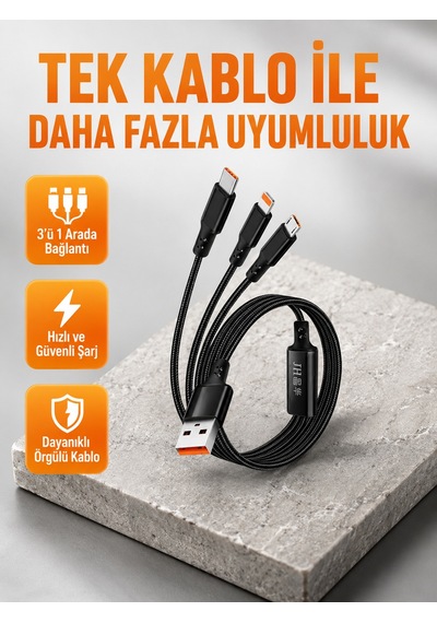 3 Ü 1 Arada Şarj Kablosu Type-c İos Android Uyumlu Hızlı Ve Güvenli Şarj 11