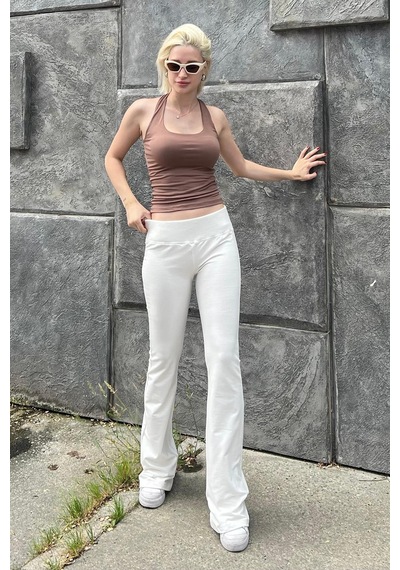 Madmext Ekru Beli Fitilli Yüksek Bel İspanyol Paça Pantolon Mg2096-ekru Ekru