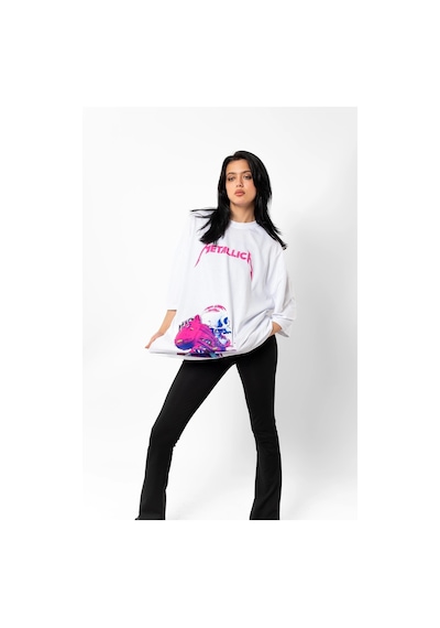Tarzsokak Metallica Neon Pembe Baskılı Beyaz Unisex Oversize Beyaz