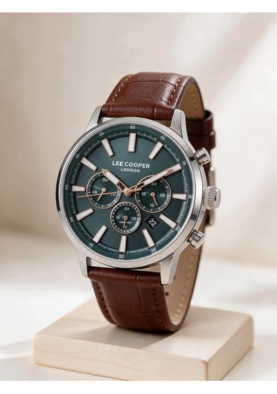 Lee Cooper Kahverengi Deri Kayış Yeşil Kadran 40 Mm Yuvarlak Erkek Kol Saati, Bileklik Hediyeli Gümüş
