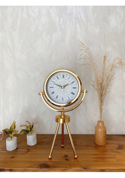 Gold Metal Mini Tripod Çini Desenli Roma Rakamı Masa Saati 45 26 Cm Çok Renkli