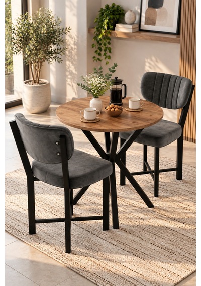 Sulorahome 70 Cm Yuvarlak Yemek Masası Ve 2 Adet Gri Sandalye Seti