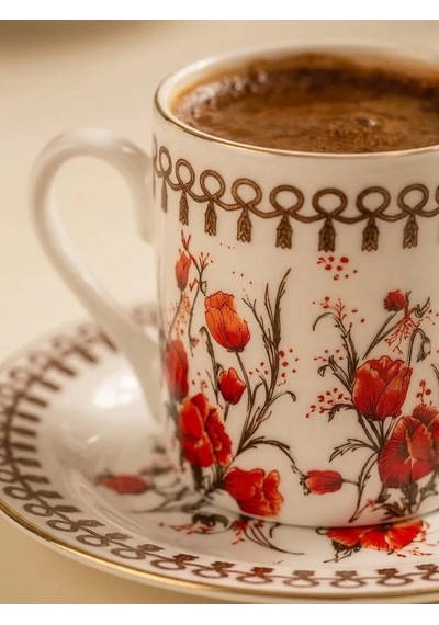 Çiçek Desenli Türk Kahvesi Fincan Takımı 2 Kişilik, Vintage Kahve Fincanı Seti Kiremit
