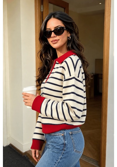 Genius Store Kadın Çizgili Yarım Fermuarlı Polo Yaka Oversize Triko Kazak Yarımfer-triko Ekru