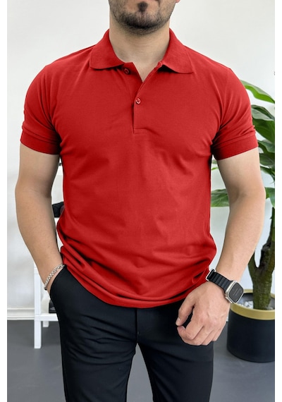 Erkek Slim Fit Düz Renk Pamuklu Soft Polo Tişört Kırmızı Edw365 Kırmızı