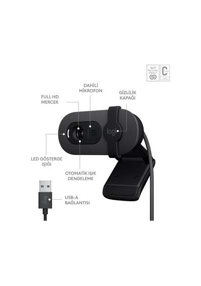 Brıo 100 Full Hd Web Kamerası, Toplantı Ve Yayın Amaçlı, Otomatik Işık Dengesi, Dahili Mikrofon, Gizlilik Kapağı, Usb-a, Microsoft Teams, Google Meet, Zoom İle Uyumlu, Siyah