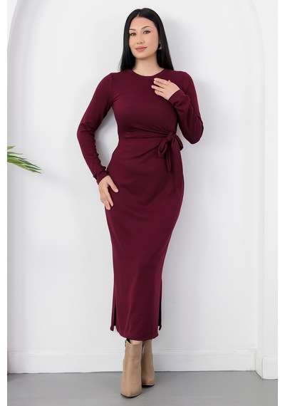 Kalopya Yandan Bağlamalı Yırtmaçlı Model Elbise Dks1136 Bordo
