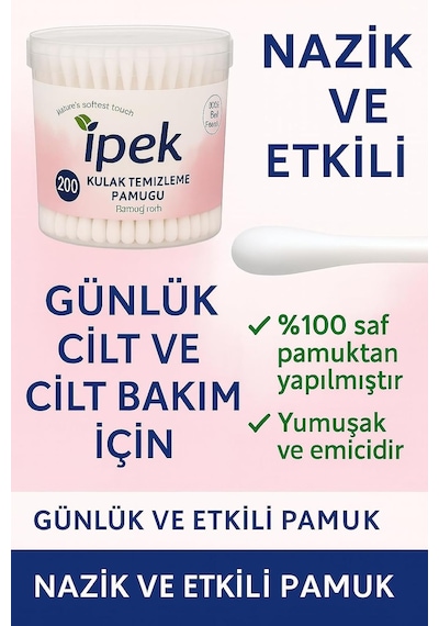 Kulak Çubuğu Pamuğu %100 Hidrofil Pamuk Güvenli Ve Hijyenik Kullanım Esnek Çubuk Yapısı