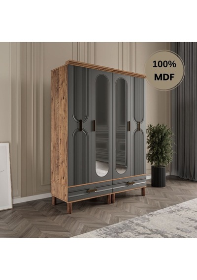 Zen 4 Kapak Ayaklı Tasarım Country Mdf Gardırop Antrasit