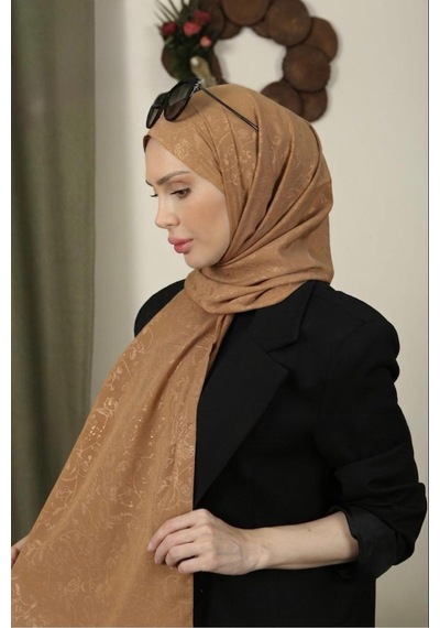 Flora Tekstil Çiçekli Desen İnce Medine İpeği Jakar Şal Kamel