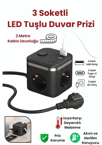 Yeni 3680w Pro Power 2xtype-c Ve 2x Usb Girişli Anahtarlı 3lü Çoğaltıcı Küp 2mt Kablolu Akım Korumalı Priz 2
