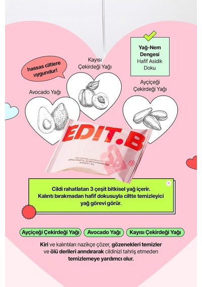 Edıtb Ağır Makyajı Bile Tek Seferde Çıkaran Yüz ve Makyaj Temizleme Pedi EDIT.B Joyfull Heart Pad 30'lu