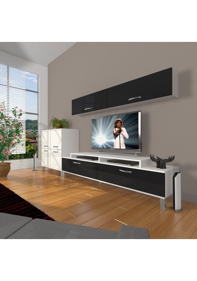 Decoraktiv Ekoflex 6y Slm Krom Ayaklı Tv Ünitesi Tv Sehpası Beyaz - Siyah