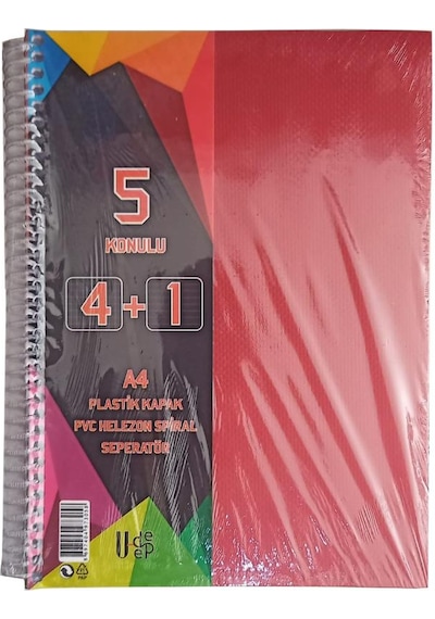 4+1 Ayraçlı Defter 5 Konulu 125 Yaprak 1 Adet 4 Kareli 1 Çizgili Spralli Plastik Kapak Seperatörlü Kırmızı
