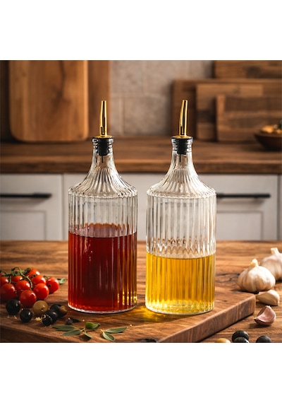 Porsima Viking 18114 2li 1000 Ml Cam Şişe Yağlık Sirkelik Çift Kapaklı Gold Altın