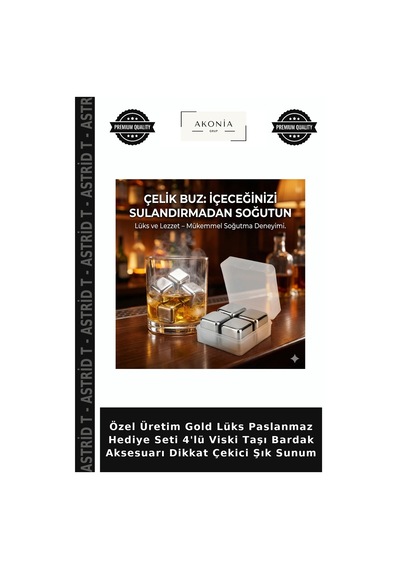 Özel Üretim Gold Lüks Paslanmaz Hediye Seti 4'lü Viski Taşı Bardak Aksesuarı Dikkat Çekici Şık Sunum Altın