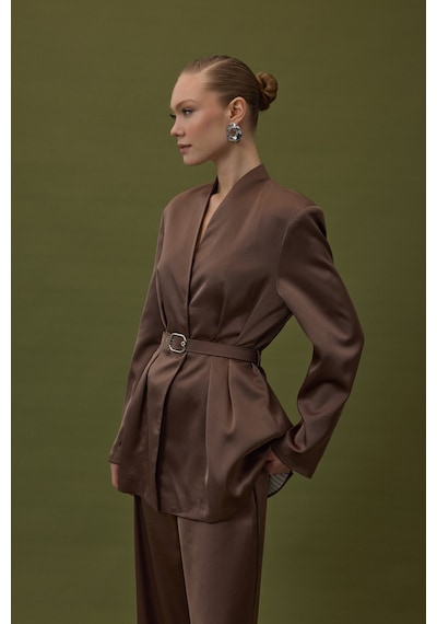 Lisa Kemerli Saten Ceket - Kahve-136928 Kahve