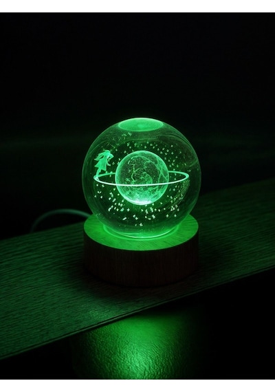Satürn Kız Temalı Kristal Küre Renkli Rgb Led Ledli Usb'li Ahşap Standlı 3d Oda Masa Ve Gece Lambası Çok Renkli
