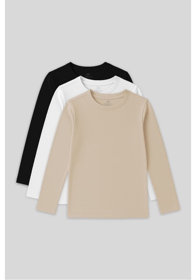 Standart Fit Basic O Yaka 3lü Paket Siyah-beyaz-bej Unisex Çocuk T-shirt - 11329 Siyah - Beyaz