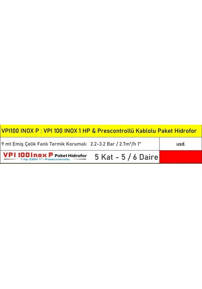 Vpı100 İnox P 1 Hp 5 Kat 6 Daire Paslanmaz Termik Korumalı Paket Hidroforu - Kablolu Hidromatlı