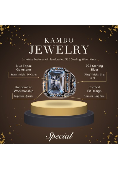 Kambo El Yapımı 925 Ayar Gümüş Mavi Topaz Taşlı Erkek Yüzük - 21 Gr