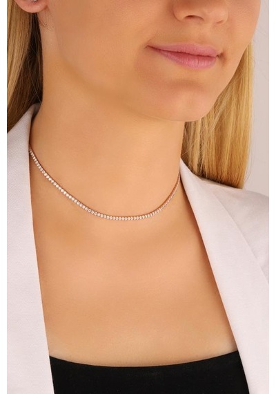 1,5 Mm Taşlı Gümüş Suyolu Choker Kolye Rose Gold
