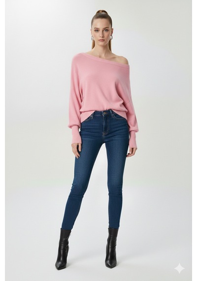 Fiolin Omuzu Açık Off Shoulder Triko Kazak Pembe