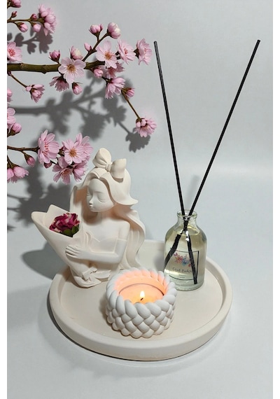 Dekoratif Vazo Seti - Buket Kız Vazo+çiçek Kokulu Oda Kokusu+tealight Mumluk Ve Mum+yuvarlak Tepsi Beyaz