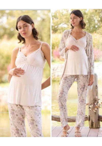 Monamise 24076 Çiçek Desenli Hamile Lohusa 3 Lü Pijama Sabahlık Tk 001