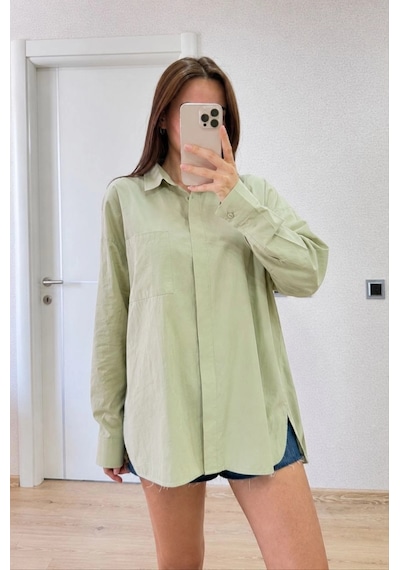Kadın Oversize Pens Detaylı Cepli Yırtmaçlı Rahat Kalıp Poplin Gömlek - Yeşil Çok Renkli