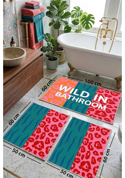 Wildleos 3'lü Banyo Paspası,kaymaz Tabanlı,yıkanabilir 60x100 50x60 50x60 Cm Çok Renkli