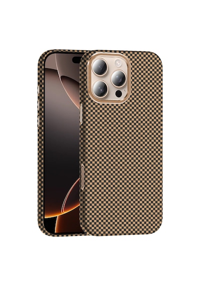 Noktaks - İphone 16 Pro Uyumlu Kılıf Magsafe Özellikli Karbon Fiber Görünümlü Gros Kapak - Desert Titanyum - T36934