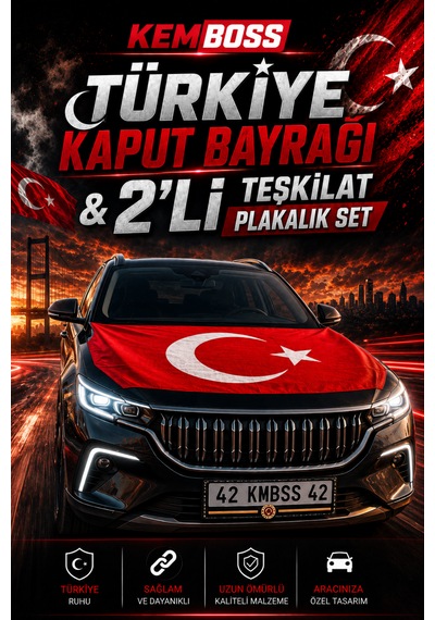 Kemboss Türkiye Kaput Bayrağı Ve Teşkilat Plakalık Seti - 130x160 Cm Lastikli Kaput Bayrağı + 2'li Universal Araba Plakalık