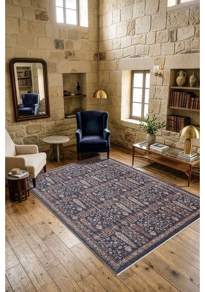 Focus Fo005m Lacivert Renkli Vintage Modern Salon Koridor Yatak Ve Oturma Odası Halısı-1768 Gri
