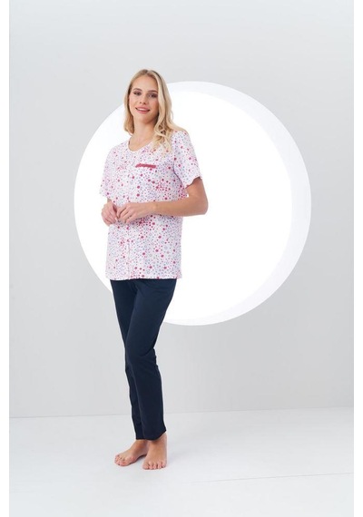 Pjs Kadın Desenli Önden Düğmeli Kısa Kollu Pijama Takım Beyaz