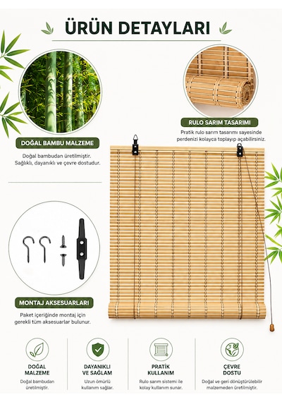 Ahşap Doğal Bambu Katlamalı Stor Perde Güneş Kırıcı Dekoratif Bahçe Balkon Ev Pencere Güneşlik Açık Kahverengi