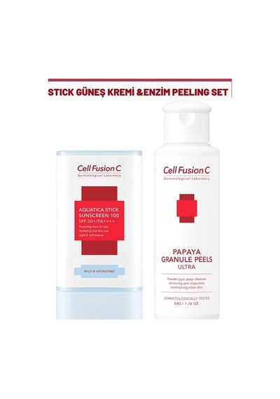Cell Fusion C Aquatica Stick Güneş Kremi SPF50+ 19 G + Papaya Granül Enzim Peeling Toz Temizleyici 50 G