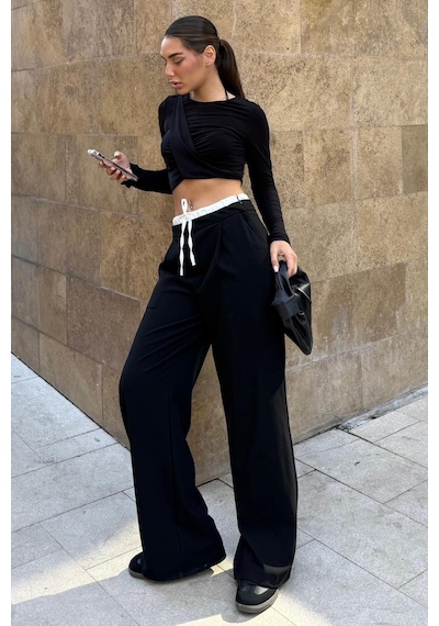 Madmext Siyah Çift Bel Bantlı Wide Leg Kadın Pantolon Mg2551 Siyah