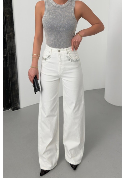 Lacarino 7984 Wide Leg Kadın Jean Pantolon Beyaz Taşlı