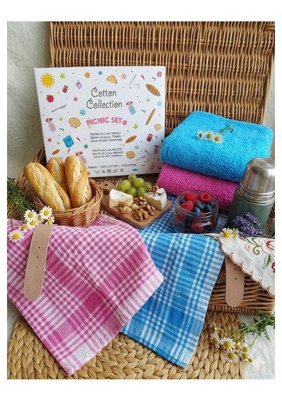 Elegancehome Renkli Piknik Ve Mutfak Seti 4 Lü %100 Pamuk Kurulama Bezi Ve Yumuşak Havlu Seti Mavi Pembe Çok Renkli