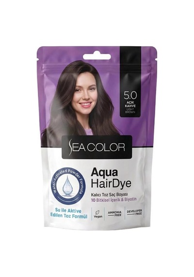 Sea Color Aqua Hair Dye Vegan & Amonyaksız Su İle Aktive Edilen Kalıcı Saç Boyası Toz 5.0 Açık Kahve