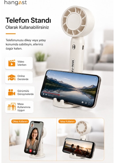 Mini El Fanı Telefon Tutuculu Şarjlı Usb Type-c Taşınabilir Masaüstü El Vantilatörü 3 Kademeli Sessiz Soğutucu Standlı Beyaz