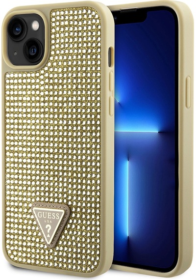Apple Uyumlu iPhone 14 Kılıf Guess Lisanslı Taşlı Arka Yüzey Üçgen Logolu Kapak Gold