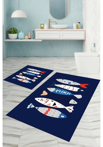 Buççin Online Mağaza Dijital Baskılı Yıkanabilir Renkli Balık Desenli Banyo Paspası Klozet Takımı Polyester Lacivert Çok Renkli
