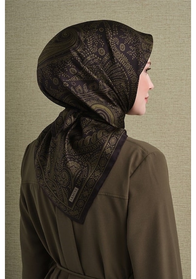 Armine Sura Saf İpek Eşarp 9640 51 Haki Kahverengi Etnik Desen