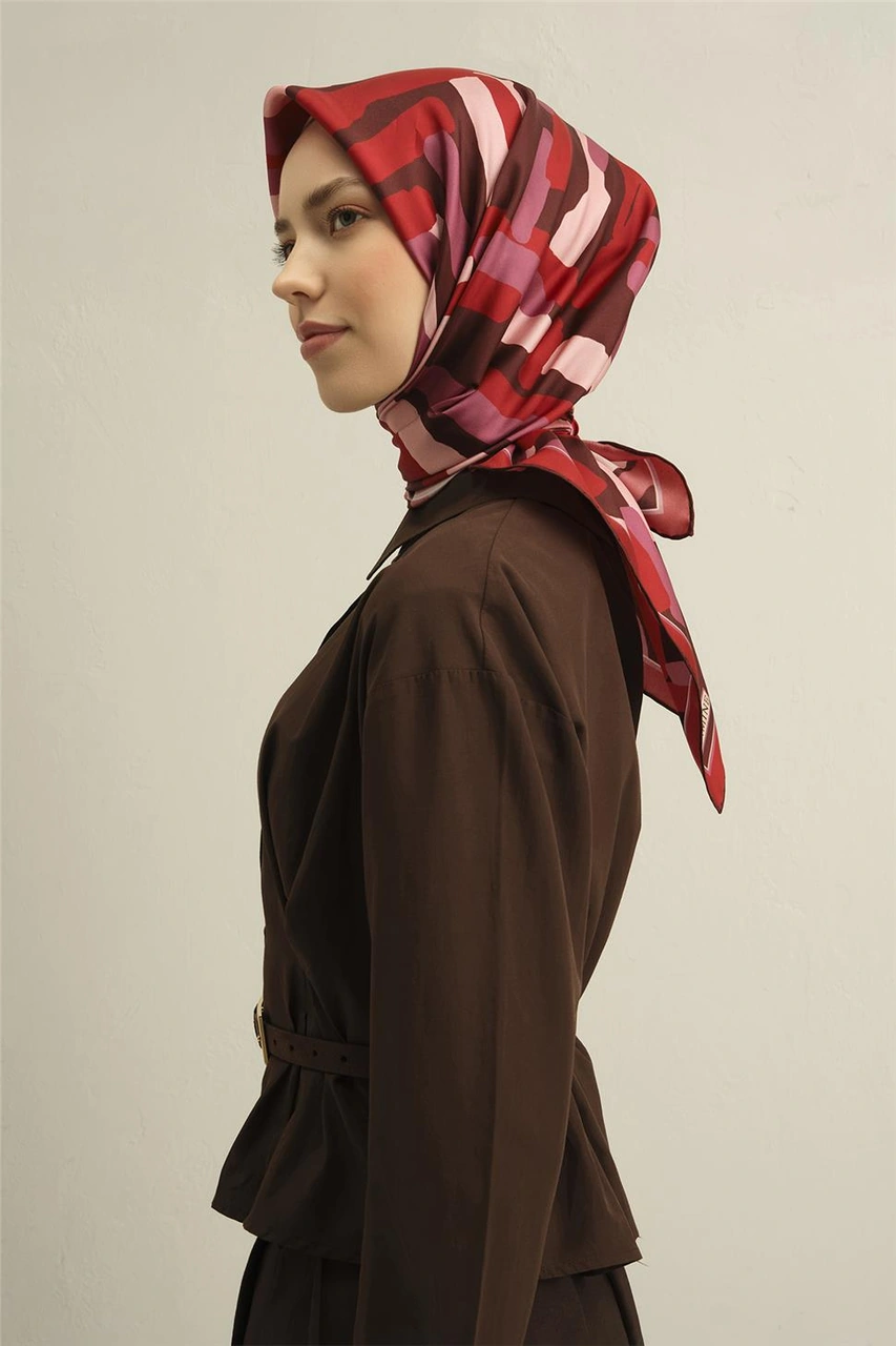 Armine Geometrik Desenli Saf İpek Twill Eşarp 9303d 83 Bordo