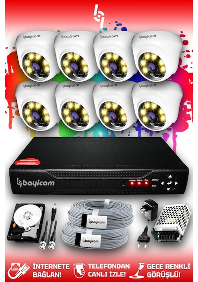 Bayicam 8 Kameralı Dome 8 İç Kamera Set 2 TB HDD Full HD Renkli Gece Görüşlü Güvenlik Kamerası Sistemi