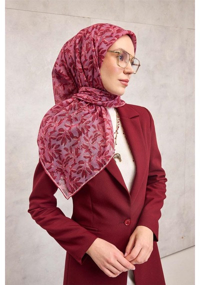 Silk Home Pamuk Polyester Soft Eşarp Eflatun Çiçek Desenli Kaymaz Dokulu Tok Duruşlu 90x90 Çok Renkli